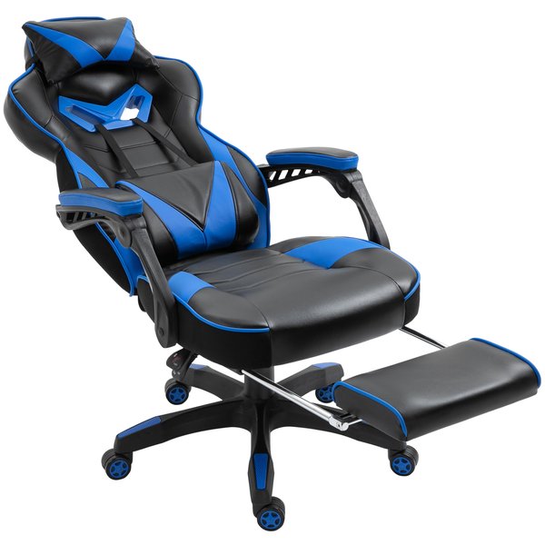  PU Leather Retractable Footrest Gaming Chair w/ Pillows- Blue/Black