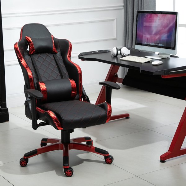 PU Leather Holographic Accent Gaming Chair w/ Pillows- Red/Black