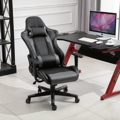 Silla de carreras ergonómica de cuero sintético con almohada ajustable, color negro 