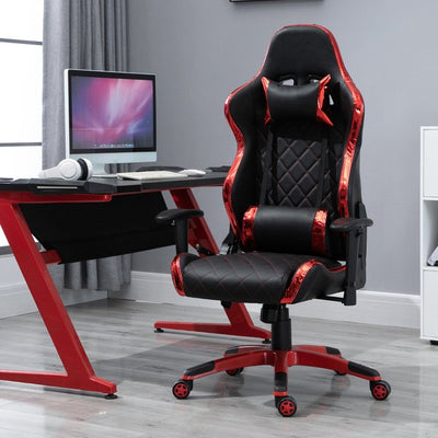 PU Leather Holographic Accent Gaming Chair w/ Pillows- Red/Black