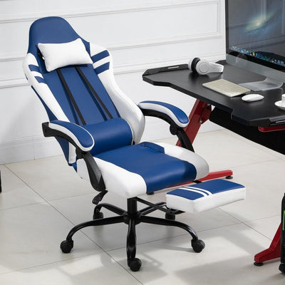 PU Leather Gaming Office Chair Ergonomic Reclining W/ Retractable Footrest - Blue/White