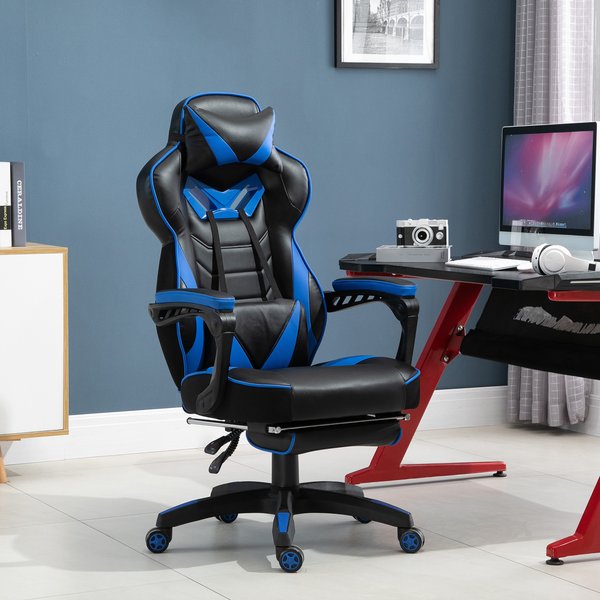  PU Leather Retractable Footrest Gaming Chair w/ Pillows- Blue/Black