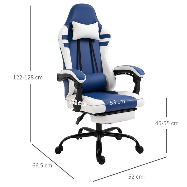 PU Leather Gaming Office Chair Ergonomic Reclining W/ Retractable Footrest - Blue/White