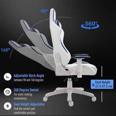 PU Leather Gaming Office Chair W/ LED Light & Pillows - Blue/White