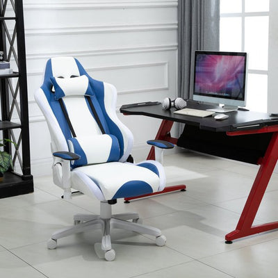 PU Leather Gaming Office Chair W/ LED Light & Pillows - Blue/White