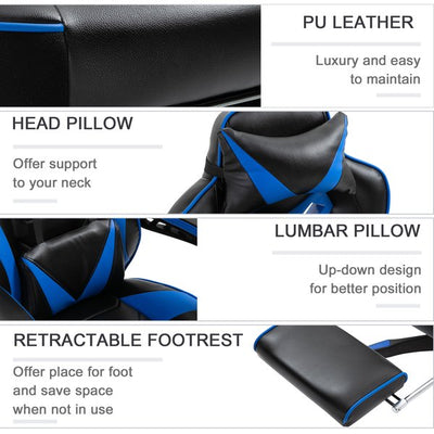  PU Leather Retractable Footrest Gaming Chair w/ Pillows- Blue/Black