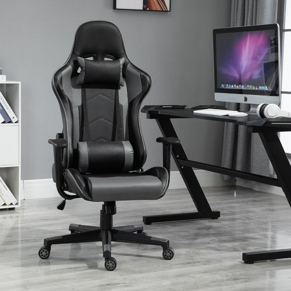 Silla de carreras ergonómica de cuero sintético con almohada ajustable, color negro 