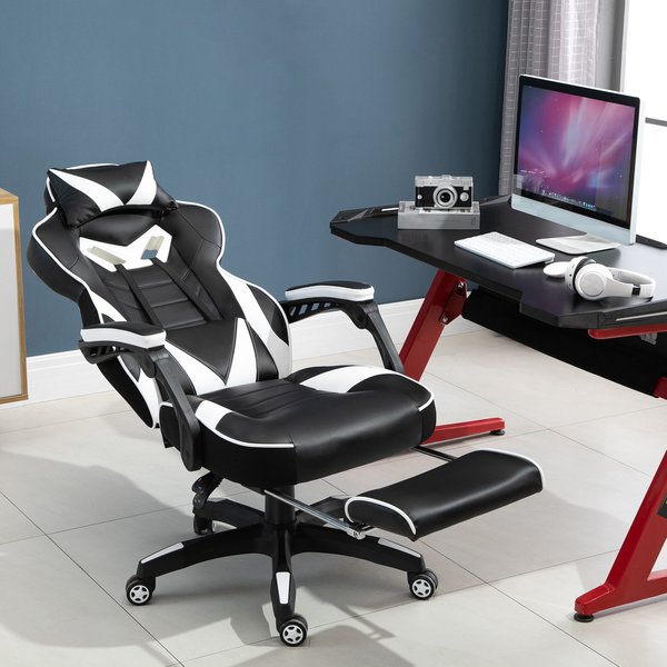 PU Leather Gaming Office Chair Retractable Footrest Gaming Chair w/ Pillows- White/Black