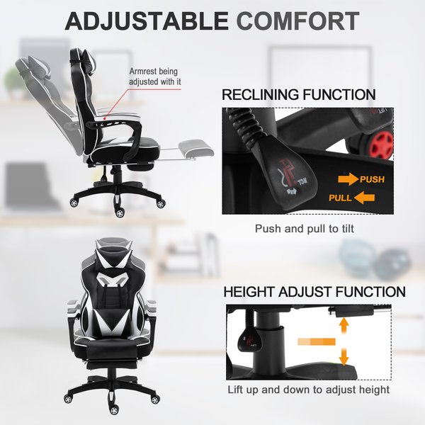 PU Leather Gaming Office Chair Retractable Footrest Gaming Chair w/ Pillows- White/Black