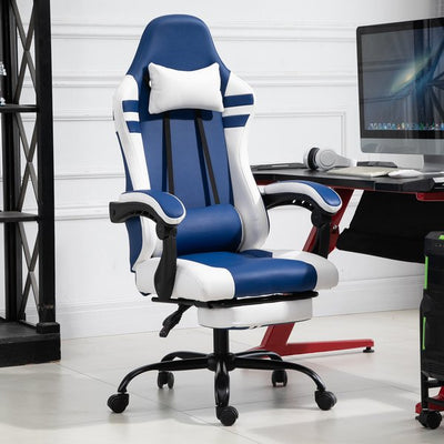 PU Leather Gaming Office Chair Ergonomic Reclining W/ Retractable Footrest - Blue/White