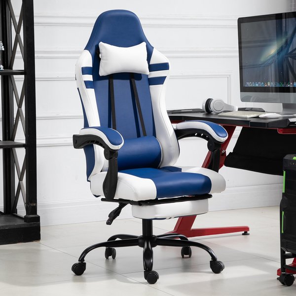 PU Leather Gaming Office Chair Ergonomic Reclining W/ Retractable Footrest - Blue/White