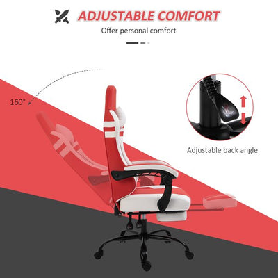 PU Leather Ergonomic Reclining Gaming Chair W/ Retractable Footrest Red/White