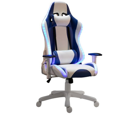 PU Leather Gaming Office Chair W/ LED Light & Pillows - Blue/White