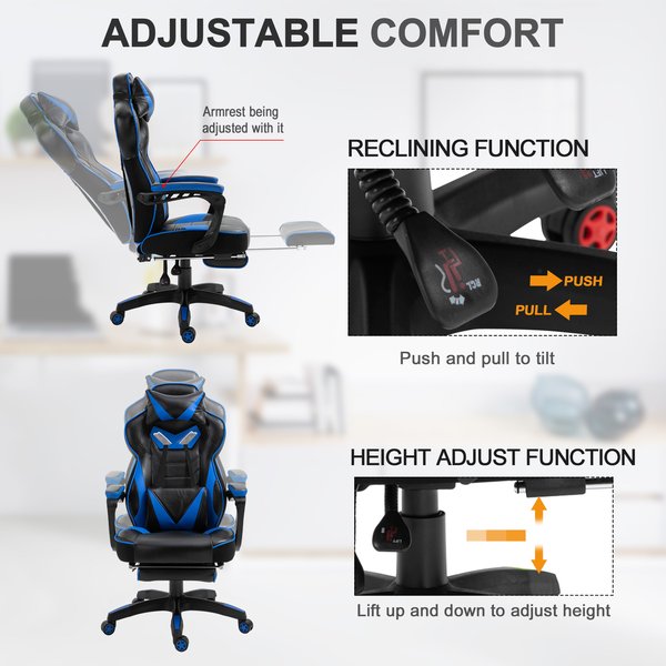  PU Leather Retractable Footrest Gaming Chair w/ Pillows- Blue/Black