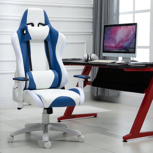 PU Leather Gaming Office Chair W/ LED Light & Pillows - Blue/White