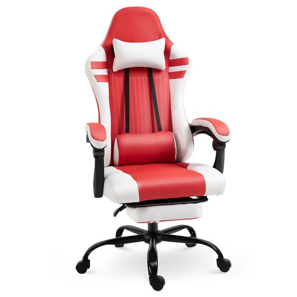 PU Leather Ergonomic Reclining Gaming Chair W/ Retractable Footrest Red/White