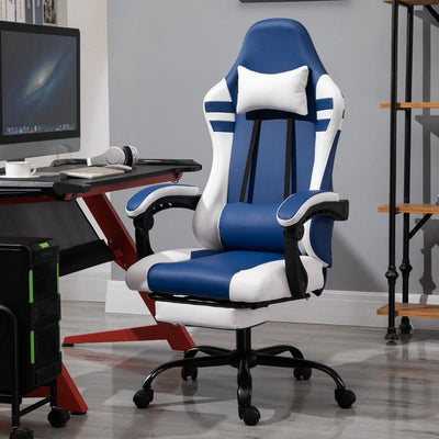 PU Leather Gaming Office Chair Ergonomic Reclining W/ Retractable Footrest - Blue/White