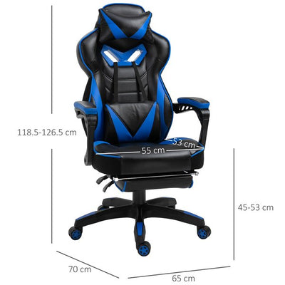  PU Leather Retractable Footrest Gaming Chair w/ Pillows- Blue/Black