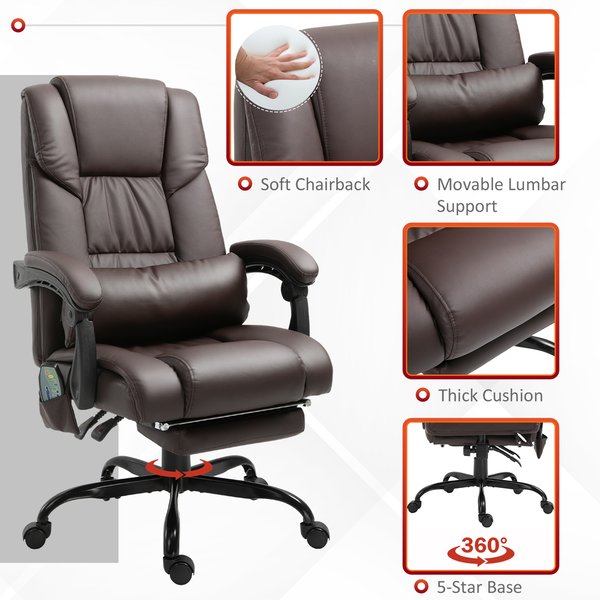 PU Leather 6-Point Massage Desk Chair w/ Remote- Brown