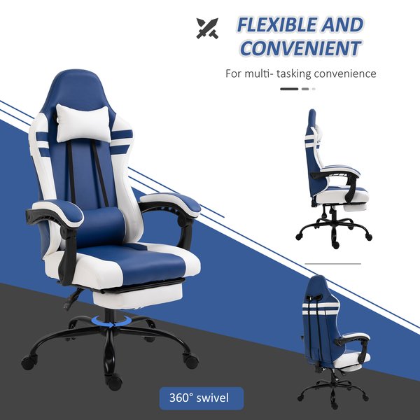 PU Leather Gaming Office Chair Ergonomic Reclining W/ Retractable Footrest - Blue/White