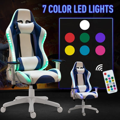 PU Leather Gaming Office Chair W/ LED Light & Pillows - Blue/White