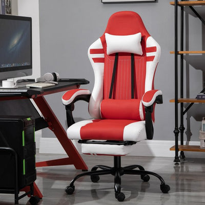 PU Leather Ergonomic Reclining Gaming Chair W/ Retractable Footrest Red/White