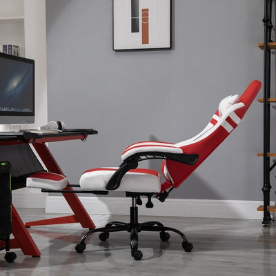 PU Leather Ergonomic Reclining Gaming Chair W/ Retractable Footrest Red/White