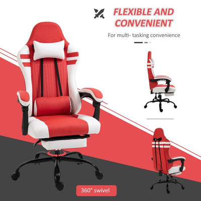 PU Leather Ergonomic Reclining Gaming Chair W/ Retractable Footrest Red/White