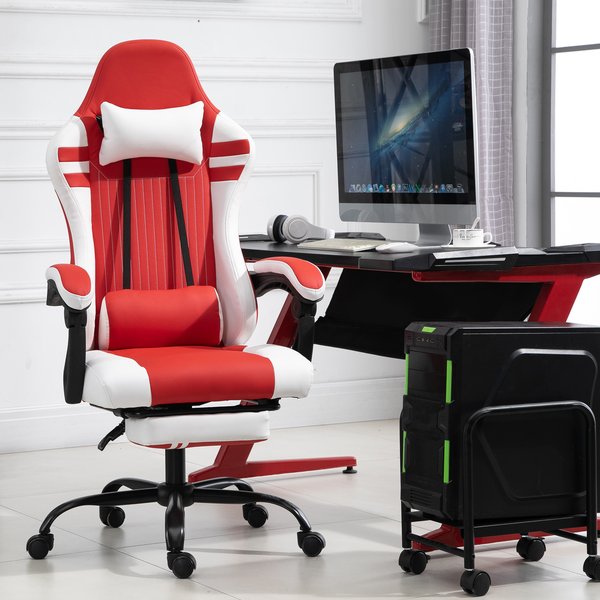 PU Leather Ergonomic Reclining Gaming Chair W/ Retractable Footrest Red/White