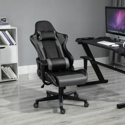 Silla de carreras ergonómica de cuero sintético con almohada ajustable, color negro 