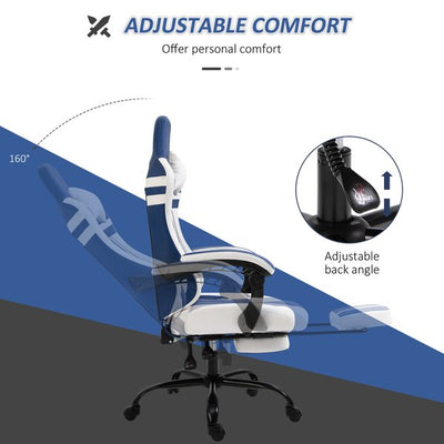 PU Leather Gaming Office Chair Ergonomic Reclining W/ Retractable Footrest - Blue/White