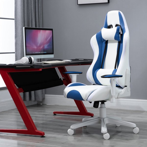 PU Leather Gaming Office Chair W/ LED Light & Pillows - Blue/White