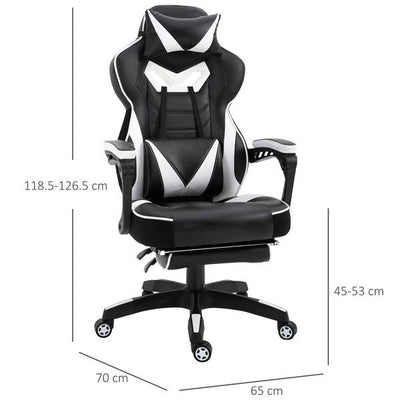 PU Leather Gaming Office Chair Retractable Footrest Gaming Chair w/ Pillows- White/Black