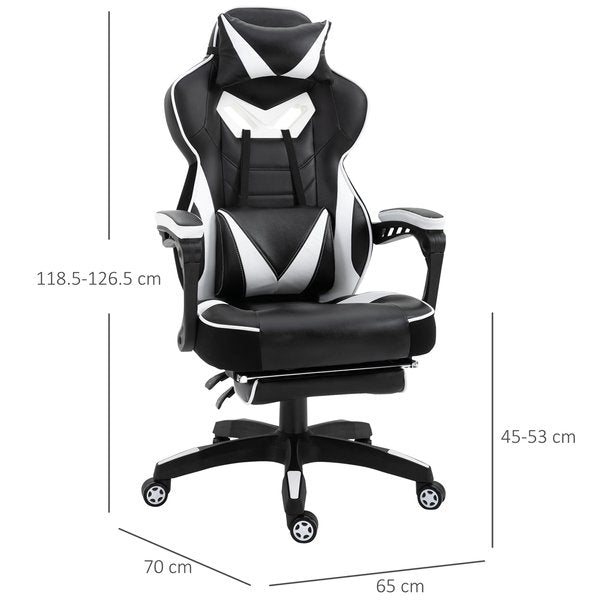 PU Leather Gaming Office Chair Retractable Footrest Gaming Chair w/ Pillows- White/Black