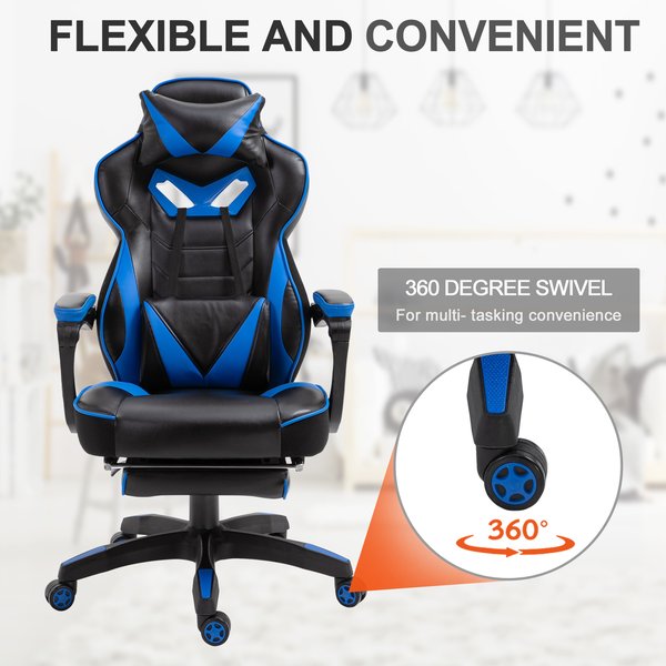  PU Leather Retractable Footrest Gaming Chair w/ Pillows- Blue/Black