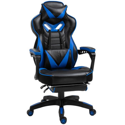  PU Leather Retractable Footrest Gaming Chair w/ Pillows- Blue/Black