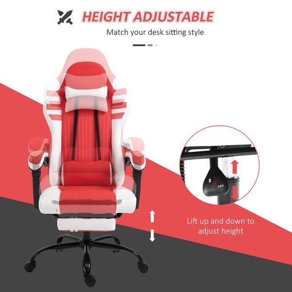 PU Leather Ergonomic Reclining Gaming Chair W/ Retractable Footrest Red/White