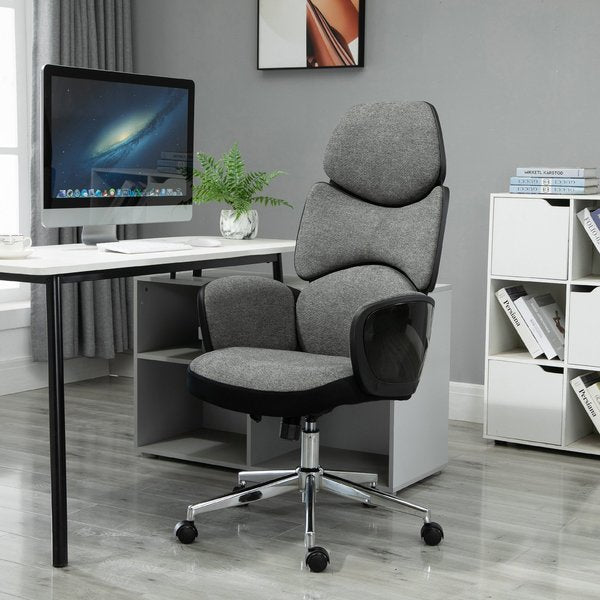 Padded Linen Ergonomic Home Office Computer Desk Chair w/ Wheels - Grey/Black