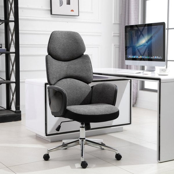 Padded Linen Ergonomic Home Office Computer Desk Chair w/ Wheels - Grey/Black