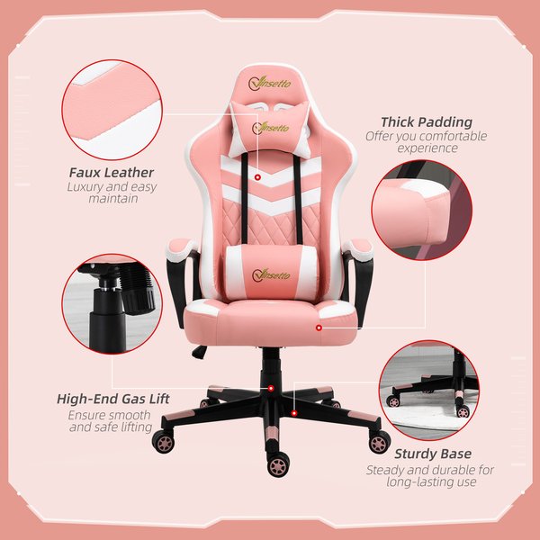 Racing Gaming Chair w/ Lumbar Support, Headrest, Gamer Office Chair- Pink/White