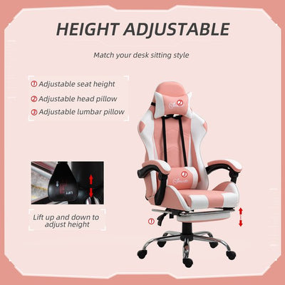 Racing Gaming Chair w/ Lumbar Support, Home Office Desk Gamer Recliner- Pink