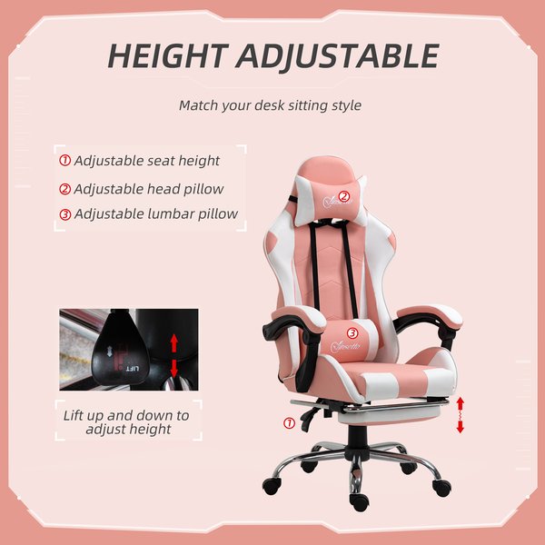 Racing Gaming Chair w/ Lumbar Support, Home Office Desk Gamer Recliner- Pink