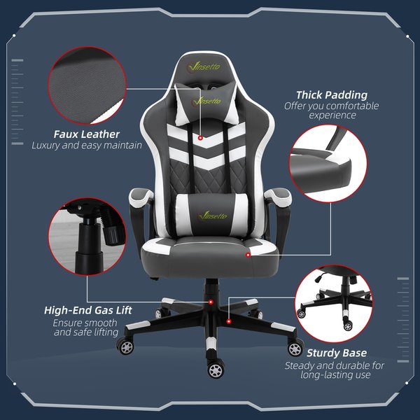 Racing Gaming Chair w/ Lumbar Support, Headrest, Home Office Gamer - Grey/White