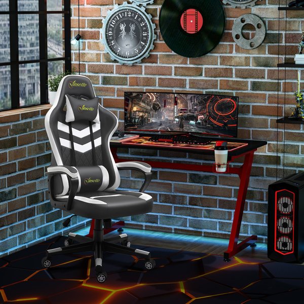 Racing Gaming Chair w/ Lumbar Support, Headrest, Home Office Gamer - Grey/White