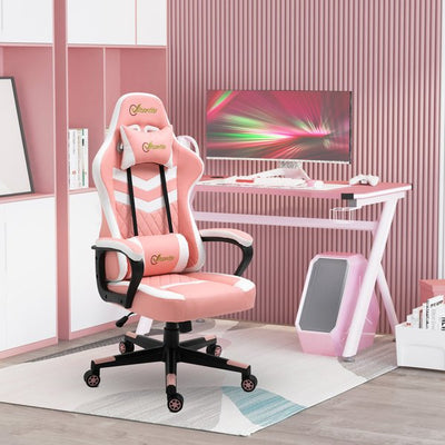 Racing Gaming Chair w/ Lumbar Support, Headrest, Gamer Office Chair- Pink/White