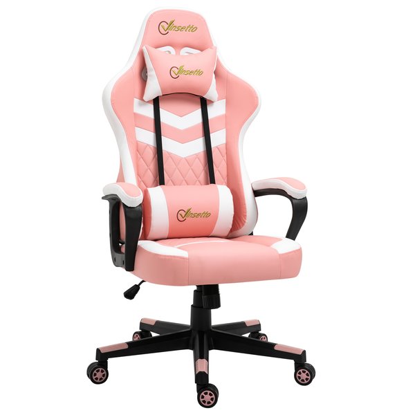 Racing Gaming Chair w/ Lumbar Support, Headrest, Gamer Office Chair- Pink/White