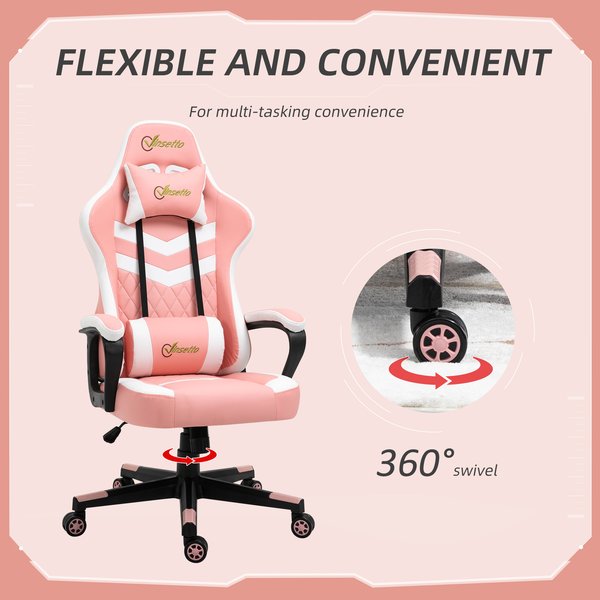 Racing Gaming Chair w/ Lumbar Support, Headrest, Gamer Office Chair- Pink/White