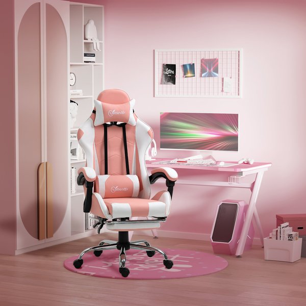 Racing Gaming Chair w/ Lumbar Support, Home Office Desk Gamer Recliner- Pink