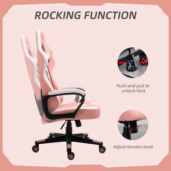 Racing Gaming Chair w/ Lumbar Support, Headrest, Gamer Office Chair- Pink/White