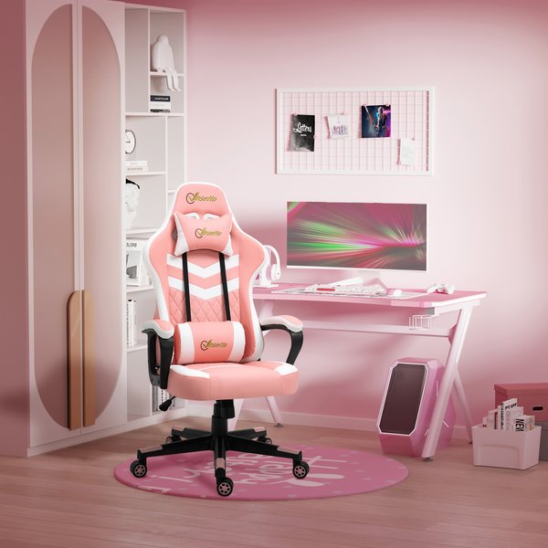 Racing Gaming Chair w/ Lumbar Support, Headrest, Gamer Office Chair- Pink/White